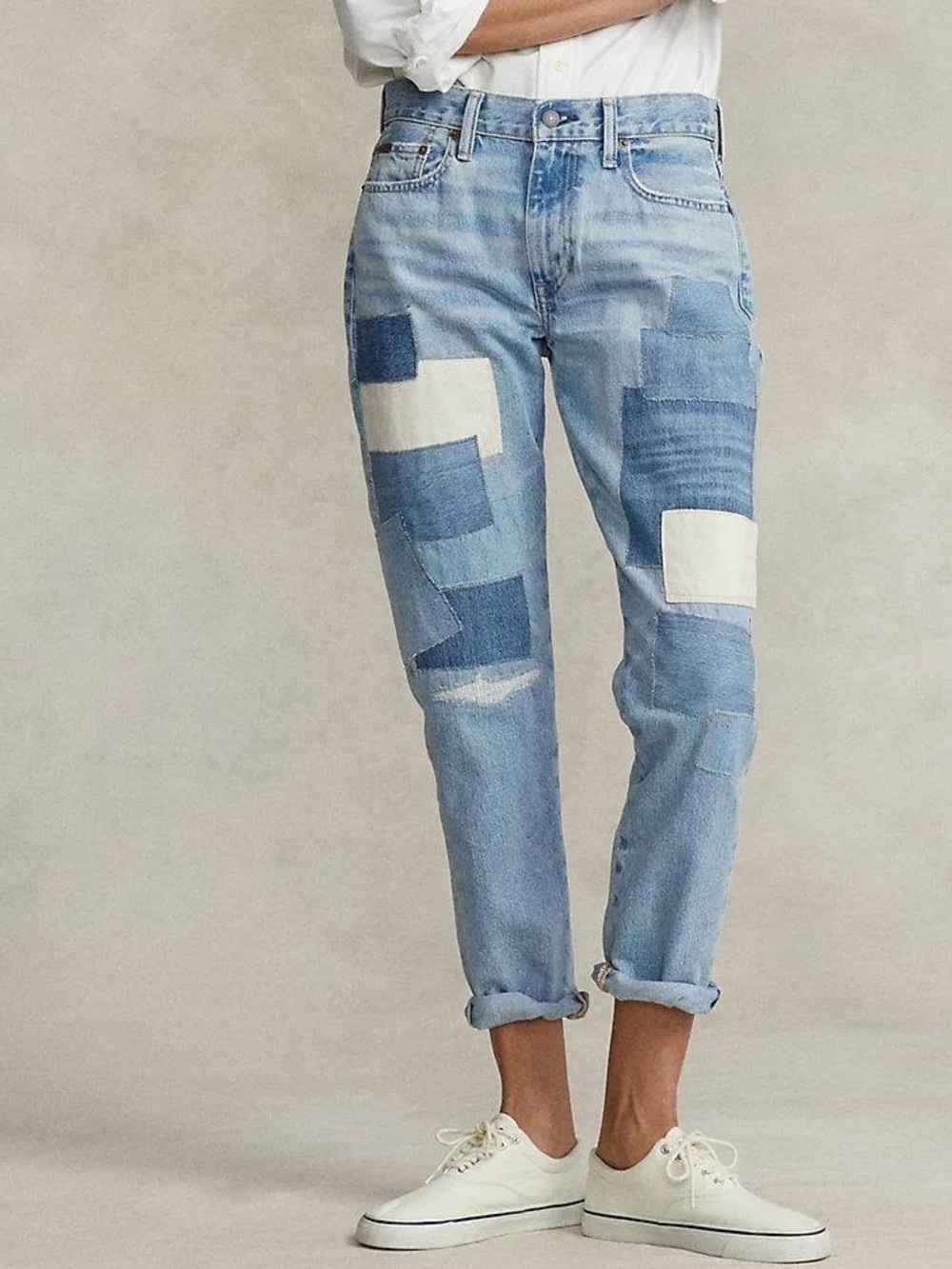 Polo Ralph Lauren Avery Boyfriend Light Blue Patchwork Cropped Jeans, Size 25